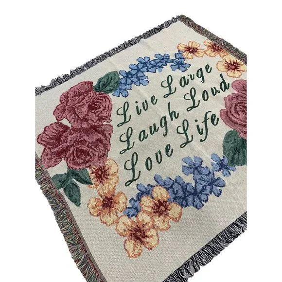 Vintage Live Laugh Love Colorful Floral Tapestry Throw Blanket 50 X 52 - Picture 5 of 12